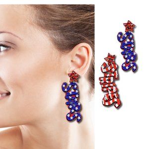 NEW Stars & Stripes Patriotic USA Flag Seed Beaded Crystal Gem Topped Earrings